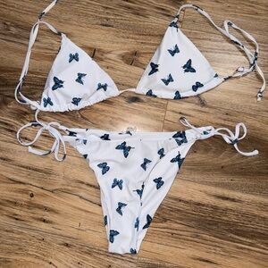 White Bikini with Blue Butterfly Design
